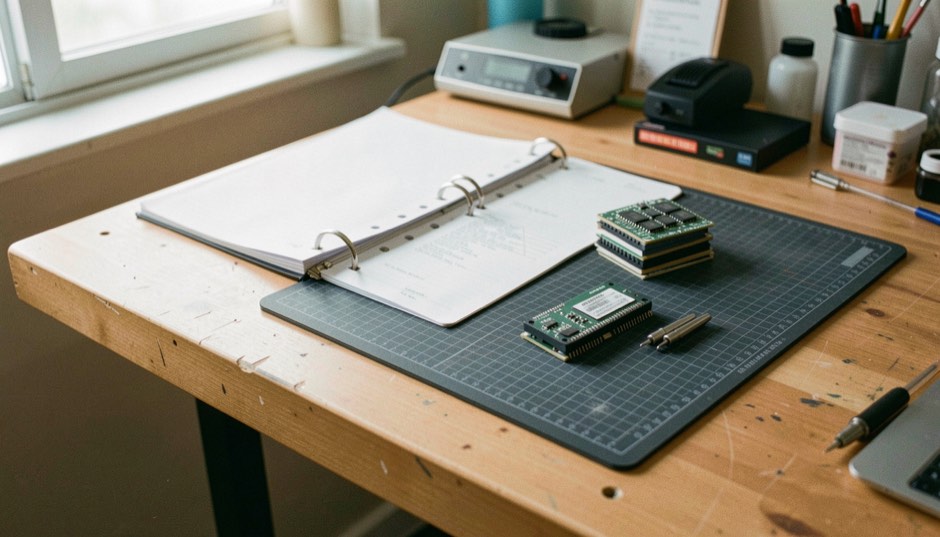 A tidy workbench with an open technical binder, a small stack of add in cards and a pair of probe tips resting on an anti static mat