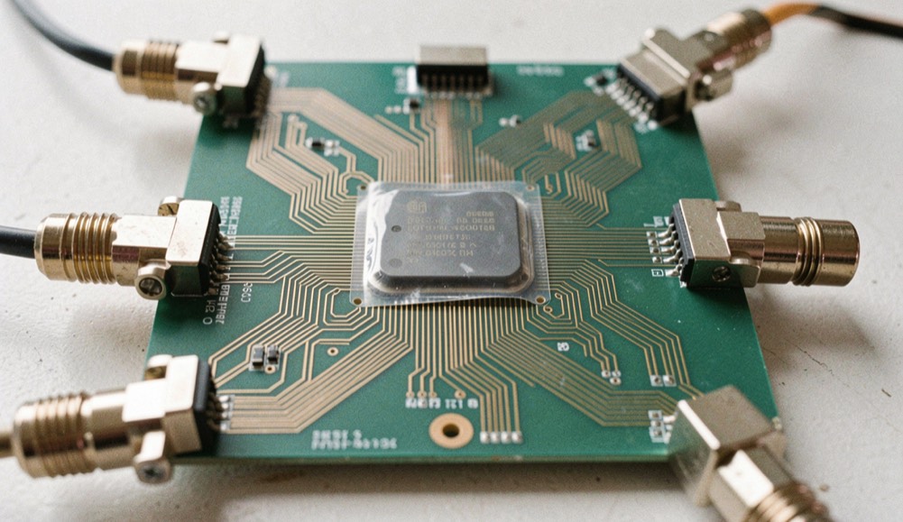 A packaged controller chip soldered at the center of a green board with fine copper traces fanning out toward connectors on three sides