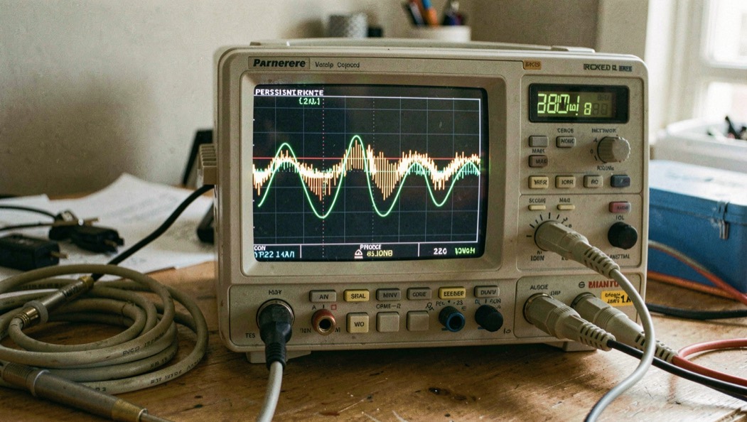 A differential probe held on two adjacent test pads of a circuit board by a jointed arm, its coaxial lead sweeping out of the frame to the left