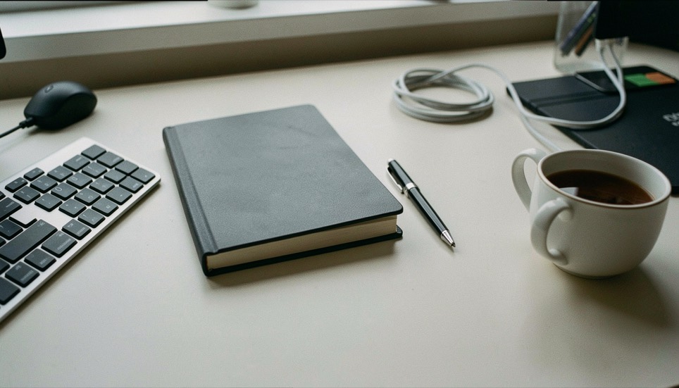 A closed notebook and a pen lying beside a keyboard on a plain desk, a coiled cable and a coffee cup at the edge of the frame