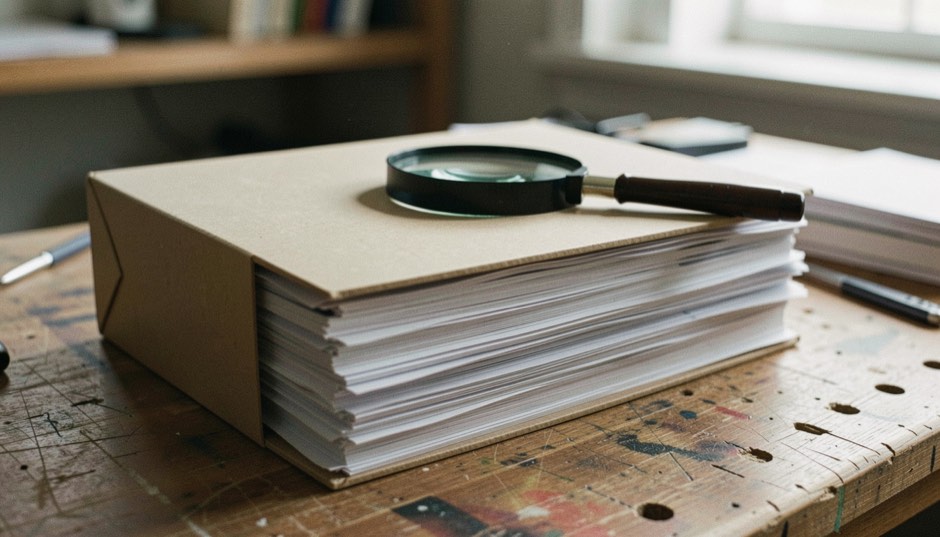 A closed archive box of loose printed documents seen from the side on a workbench, only the paper edges visible, a magnifying glass resting on the lid