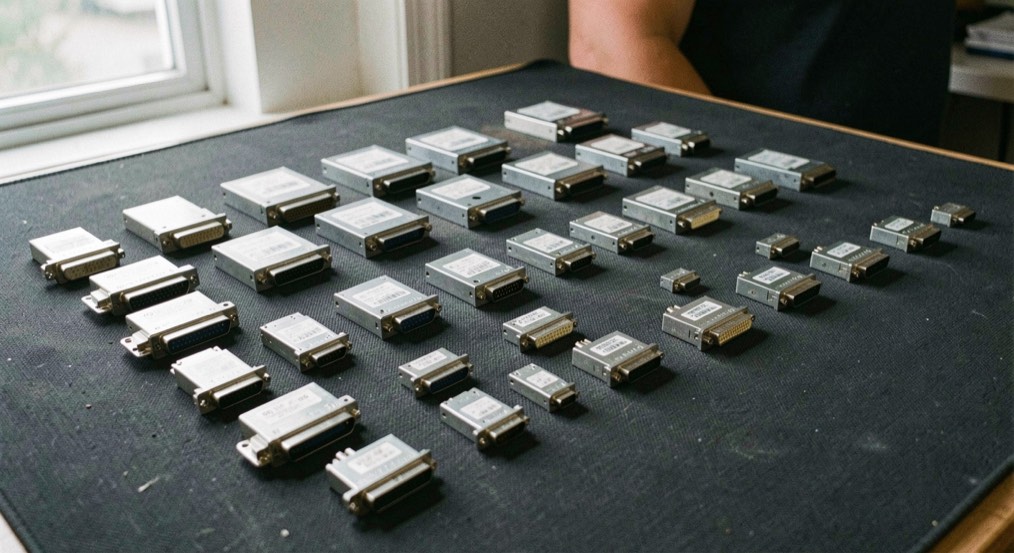 Dozens of board connectors and controller packages laid out in neat rows on a dark antistatic mat, sorted by size from smallest to largest