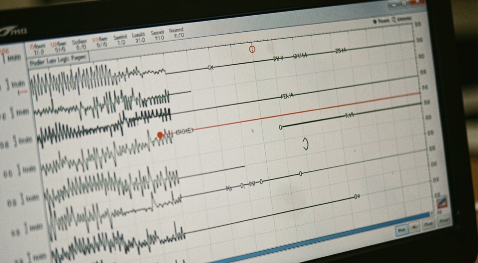 A logic analyzer screen filled with parallel digital traces, the cursor lines measuring the width of one symbol against a time scale