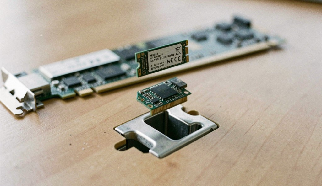 A short M.2 module held above the notched socket it belongs to, with a full length expansion card lying flat behind them for scale