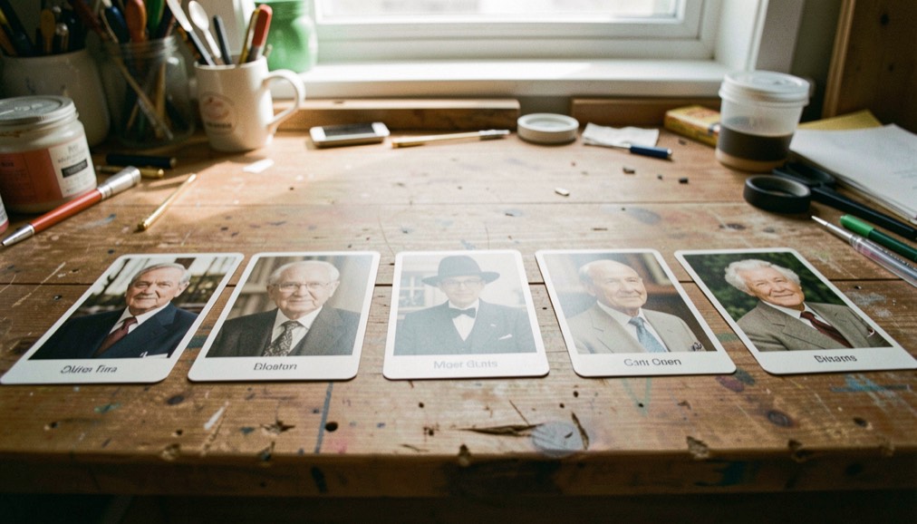 Five add in cards of different ages laid out in a row on a workbench, oldest on the left, their gold contact fingers catching the light