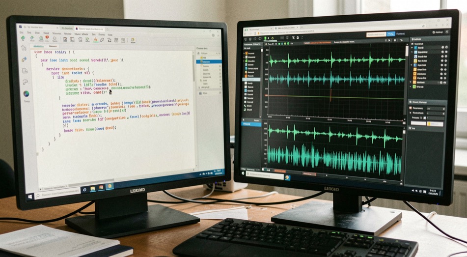 Two monitors on a desk showing a hardware description source file on one side and a waveform viewer with bus transactions on the other