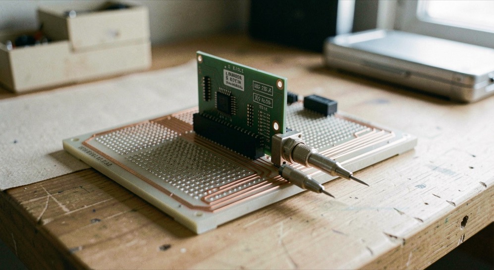 A test board on a bench with a riser card seated in its slot and two probe tips resting on the copper traces beside the connector