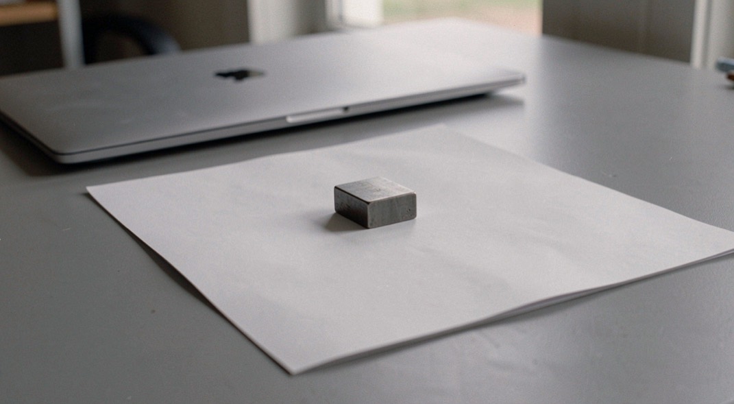 A blank sheet of paper weighted down by a small steel block on a clean grey desk, with a closed laptop lid visible behind it