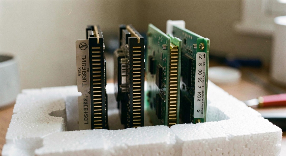 Several expansion cards from different years standing upright in a row in a foam block, their gold contact fingers aligned and lit from above