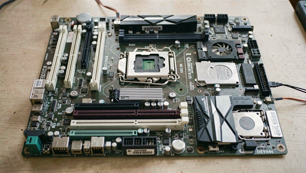 A server motherboard seen from above with its expansion slots, chipset heatsink and processor sockets laid out across the whole board