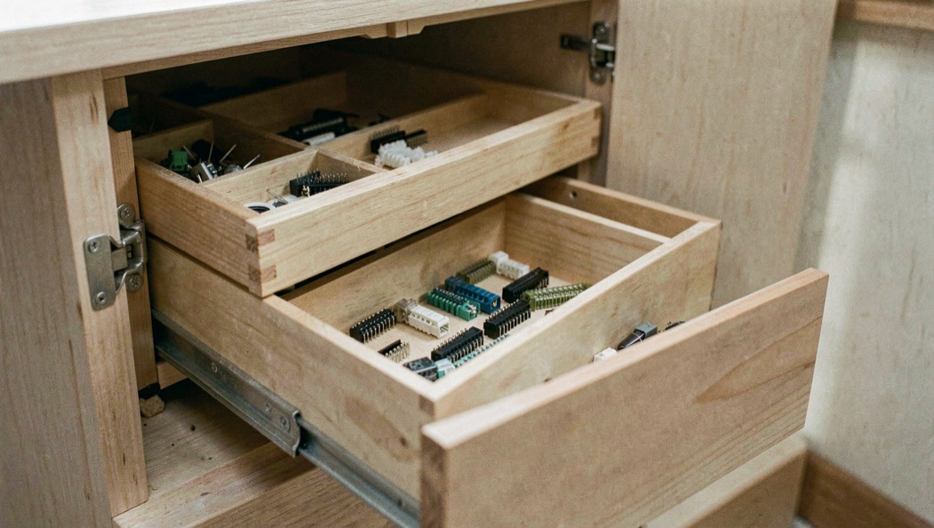 An open parts cabinet with shallow drawers pulled out at different depths, each drawer holding one family of board connectors