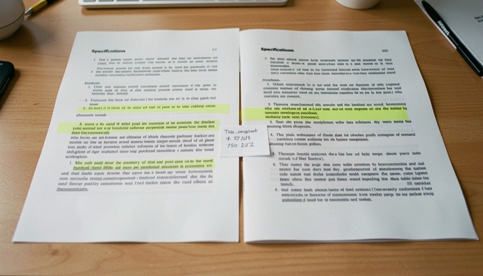 A desk with two printed specification excerpts side by side, passages marked with a highlighter and a dated note written between them