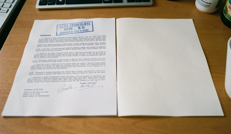 Two printed pages side by side on a desk, one carrying a visible label stamped at the top and the other left plain for comparison