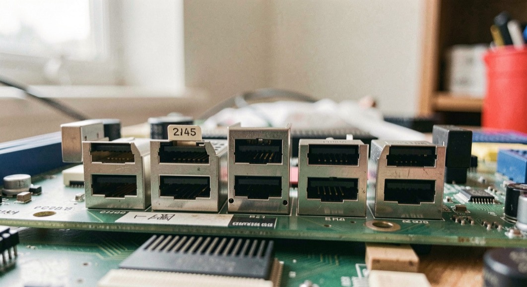 A close-up of an open desktop computer case on a workbench, a half-height PCIe card seated in its slot beside a small M.2 module held by a single screw, lit by a cool bench lamp from the left, shallow depth of field.