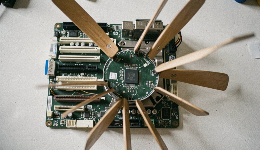 A motherboard photographed from directly above, its expansion slots and chipset package visible as the branches of a fan out from one corner