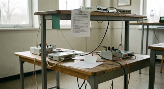 A bench in a test room with a card under test wired to instruments, a printed checklist clipped to the frame above the setup