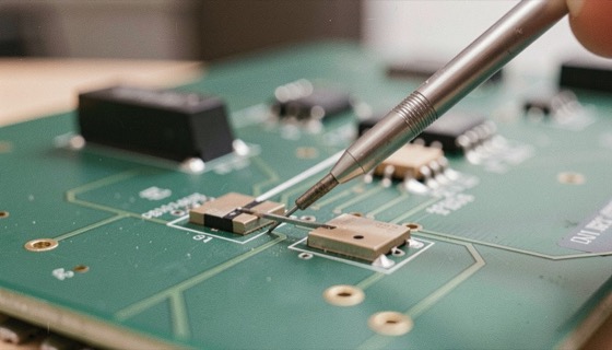 A fine two needle differential probe tip resting on two adjacent test pads of a green circuit board, the rest of the board falling out of focus behind it